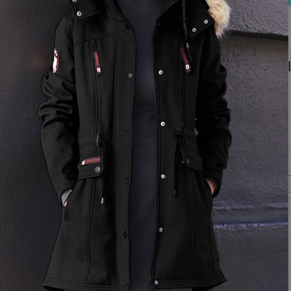 CANADA WEATHER GEAR | Black & Natural Cinched-Waist Hooded Jacket (Size: 1X) - Picture 4 of 13